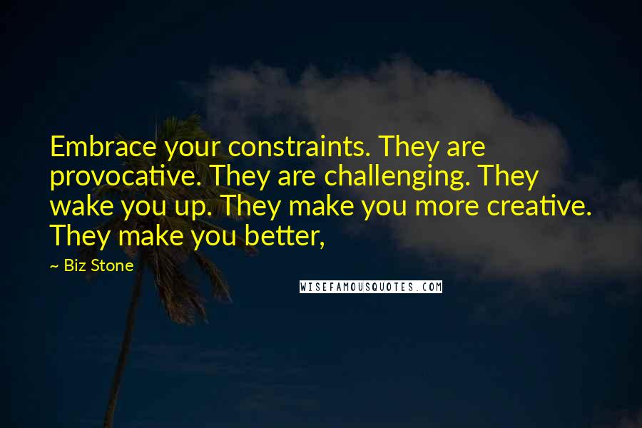 Biz Stone Quotes: Embrace your constraints. They are provocative. They are challenging. They wake you up. They make you more creative. They make you better,