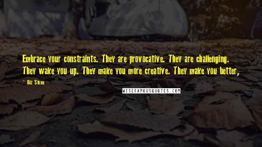 Biz Stone Quotes: Embrace your constraints. They are provocative. They are challenging. They wake you up. They make you more creative. They make you better,