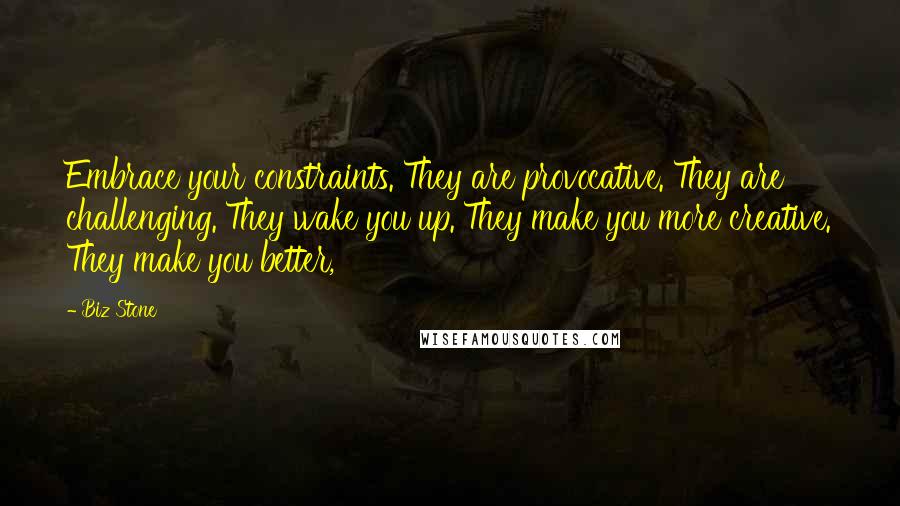 Biz Stone Quotes: Embrace your constraints. They are provocative. They are challenging. They wake you up. They make you more creative. They make you better,