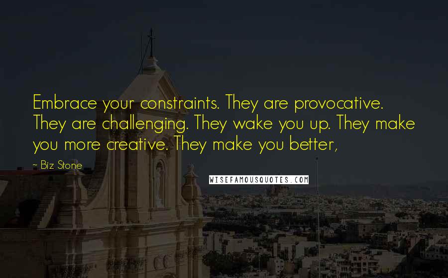 Biz Stone Quotes: Embrace your constraints. They are provocative. They are challenging. They wake you up. They make you more creative. They make you better,