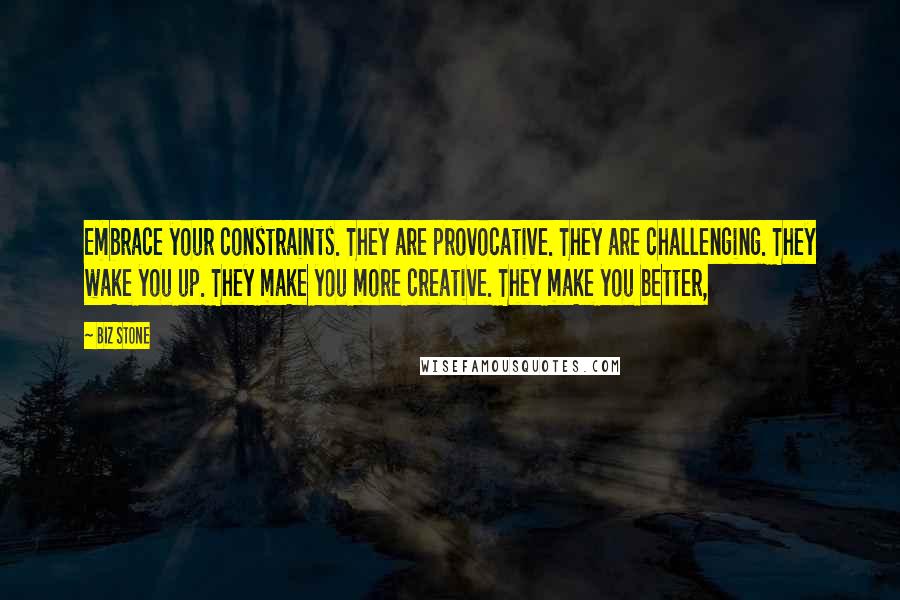 Biz Stone Quotes: Embrace your constraints. They are provocative. They are challenging. They wake you up. They make you more creative. They make you better,