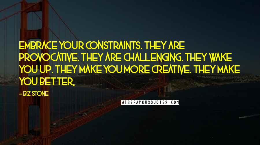 Biz Stone Quotes: Embrace your constraints. They are provocative. They are challenging. They wake you up. They make you more creative. They make you better,