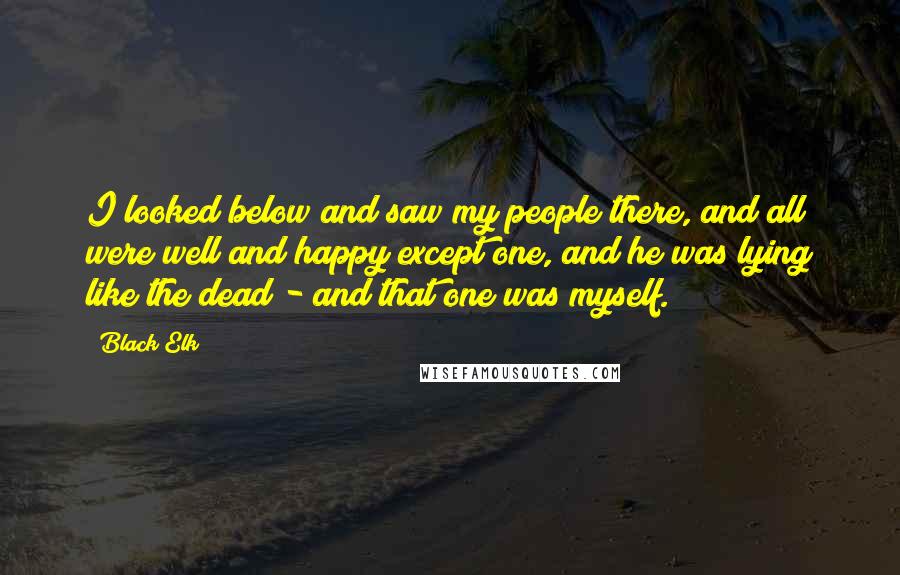 Black Elk Quotes: I looked below and saw my people there, and all were well and happy except one, and he was lying like the dead - and that one was myself.