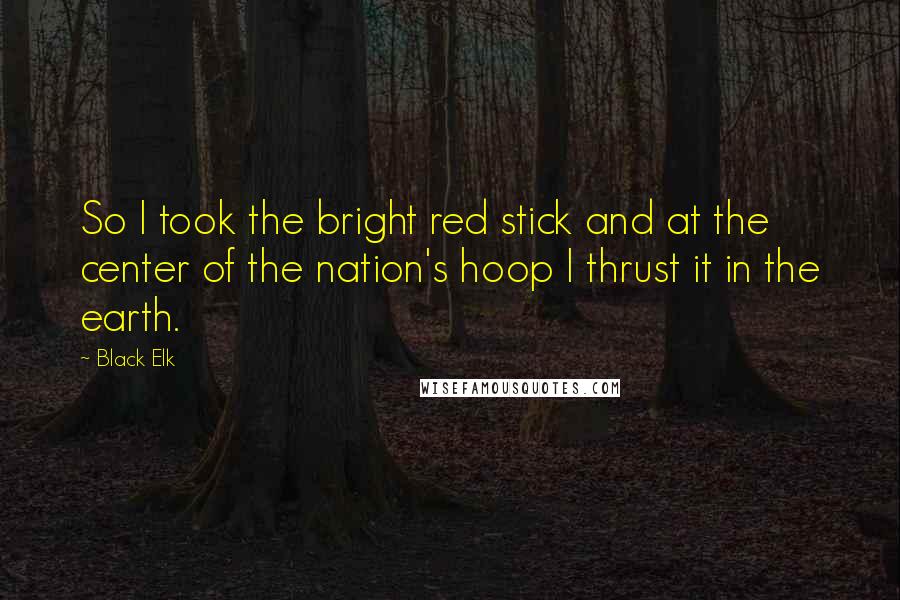 Black Elk Quotes: So I took the bright red stick and at the center of the nation's hoop I thrust it in the earth.