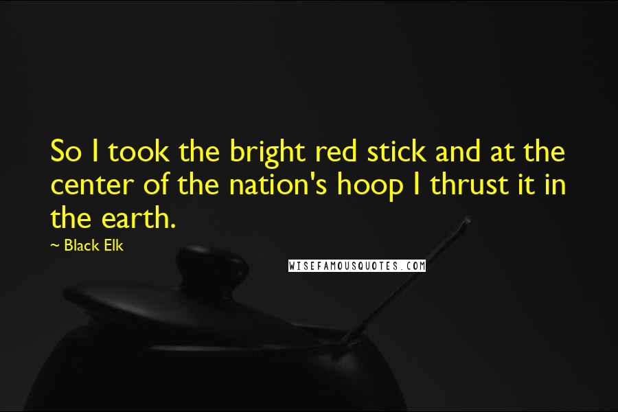 Black Elk Quotes: So I took the bright red stick and at the center of the nation's hoop I thrust it in the earth.