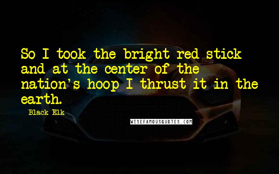 Black Elk Quotes: So I took the bright red stick and at the center of the nation's hoop I thrust it in the earth.