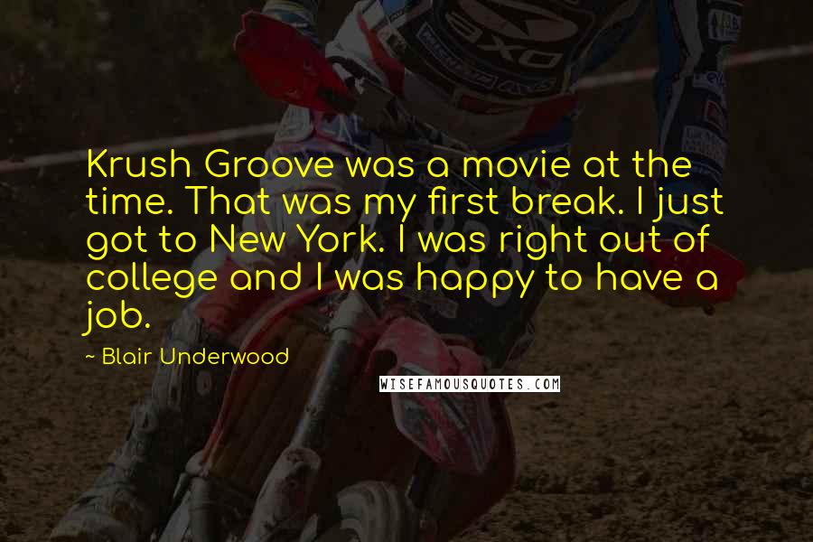 Blair Underwood Quotes: Krush Groove was a movie at the time. That was my first break. I just got to New York. I was right out of college and I was happy to have a job.