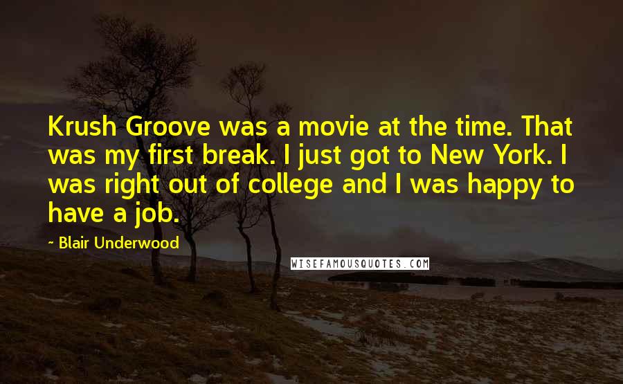 Blair Underwood Quotes: Krush Groove was a movie at the time. That was my first break. I just got to New York. I was right out of college and I was happy to have a job.