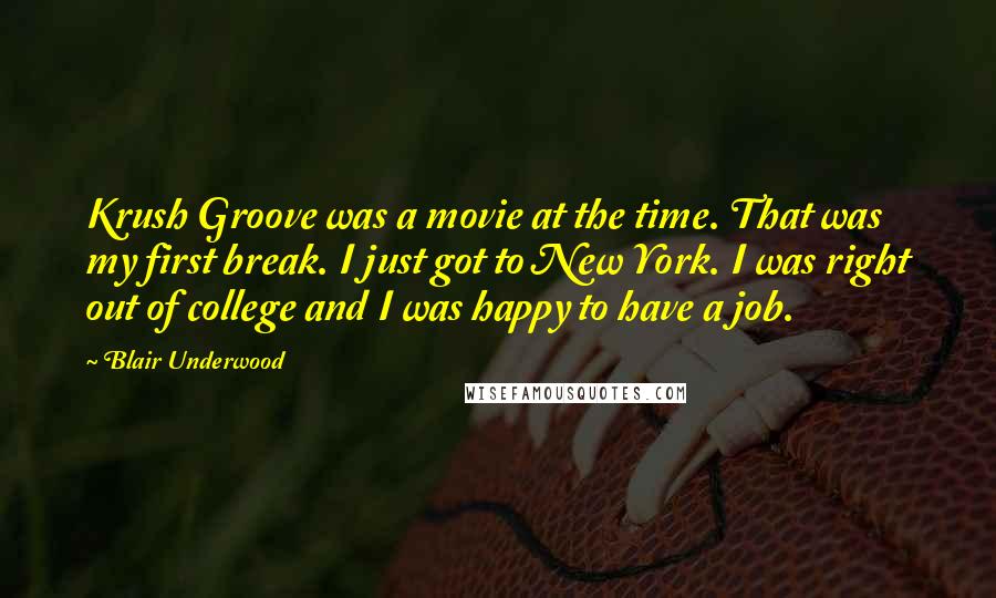 Blair Underwood Quotes: Krush Groove was a movie at the time. That was my first break. I just got to New York. I was right out of college and I was happy to have a job.