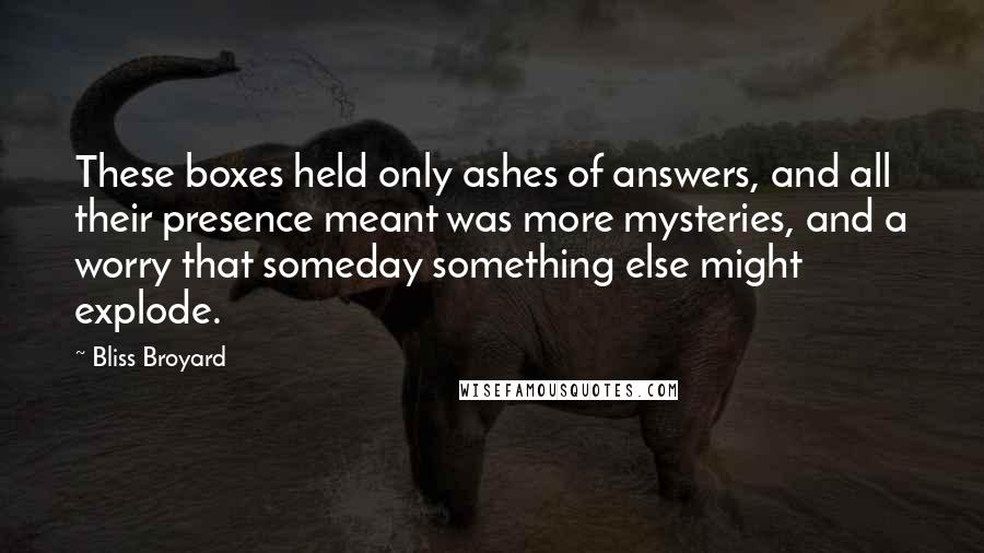 Bliss Broyard Quotes: These boxes held only ashes of answers, and all their presence meant was more mysteries, and a worry that someday something else might explode.