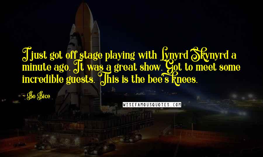 Bo Bice Quotes: I just got off stage playing with Lynyrd Skynyrd a minute ago. It was a great show. Got to meet some incredible guests. This is the bee's knees.
