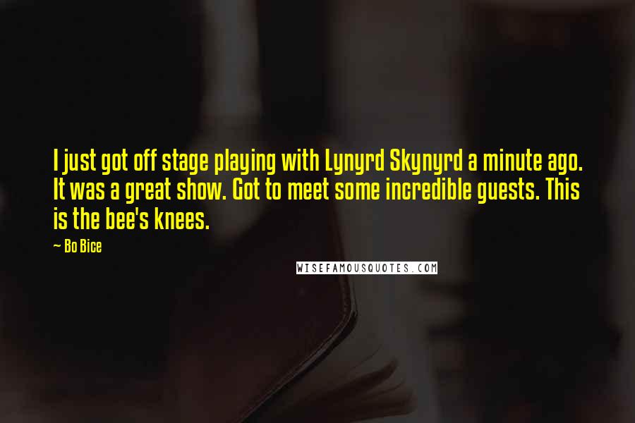 Bo Bice Quotes: I just got off stage playing with Lynyrd Skynyrd a minute ago. It was a great show. Got to meet some incredible guests. This is the bee's knees.