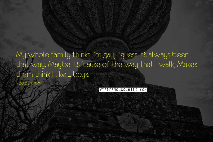 Bo Burnham Quotes: My whole family thinks I'm gay, I guess it's always been that way. Maybe it's 'cause of the way that I walk, Makes them think I like ... boys.