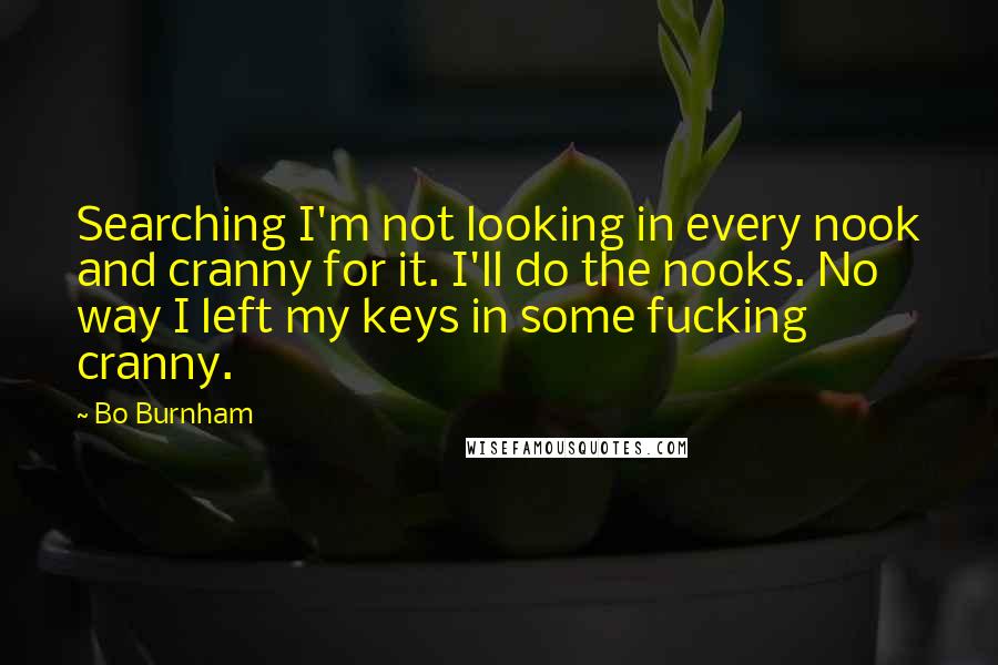 Bo Burnham Quotes: Searching I'm not looking in every nook and cranny for it. I'll do the nooks. No way I left my keys in some fucking cranny.