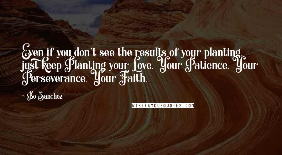 Bo Sanchez Quotes: Even if you don't see the results of your planting, just keep Planting your Love. Your Patience. Your Perseverance. Your Faith.