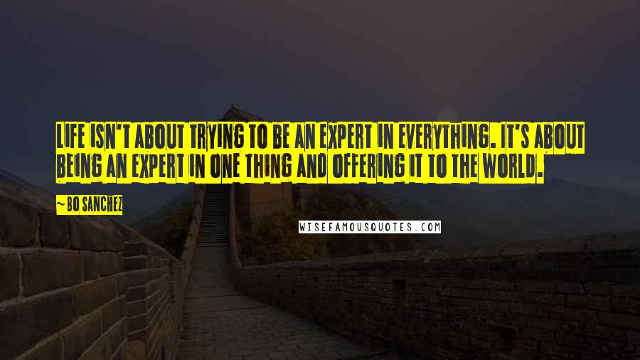 Bo Sanchez Quotes: Life isn't about trying to be an expert in everything. It's about being an expert in one thing and offering it to the world.
