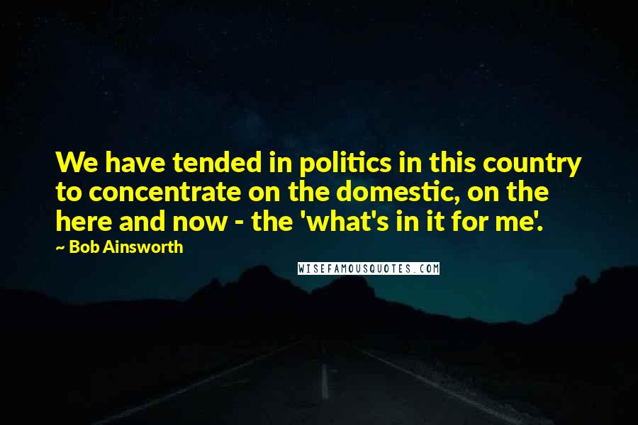 Bob Ainsworth Quotes: We have tended in politics in this country to concentrate on the domestic, on the here and now - the 'what's in it for me'.