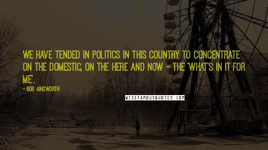 Bob Ainsworth Quotes: We have tended in politics in this country to concentrate on the domestic, on the here and now - the 'what's in it for me'.