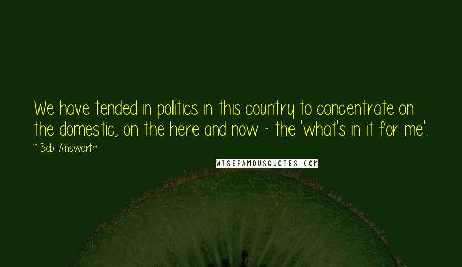 Bob Ainsworth Quotes: We have tended in politics in this country to concentrate on the domestic, on the here and now - the 'what's in it for me'.