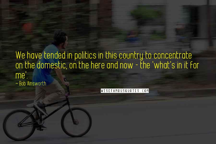 Bob Ainsworth Quotes: We have tended in politics in this country to concentrate on the domestic, on the here and now - the 'what's in it for me'.