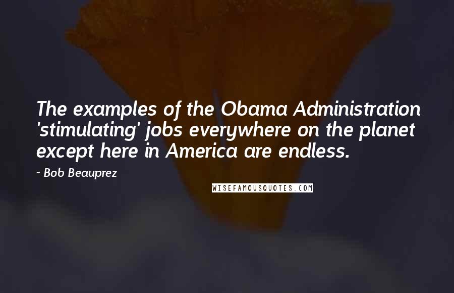 Bob Beauprez Quotes: The examples of the Obama Administration 'stimulating' jobs everywhere on the planet except here in America are endless.