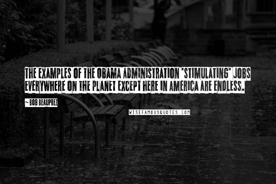 Bob Beauprez Quotes: The examples of the Obama Administration 'stimulating' jobs everywhere on the planet except here in America are endless.