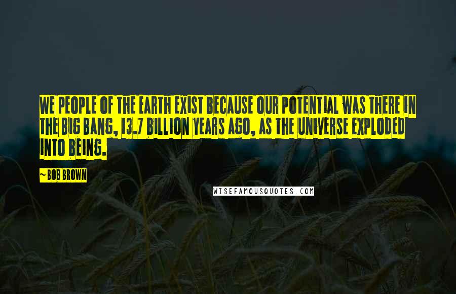 Bob Brown Quotes: We people of the Earth exist because our potential was there in the Big Bang, 13.7 billion years ago, as the universe exploded into being.