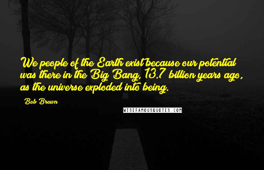 Bob Brown Quotes: We people of the Earth exist because our potential was there in the Big Bang, 13.7 billion years ago, as the universe exploded into being.