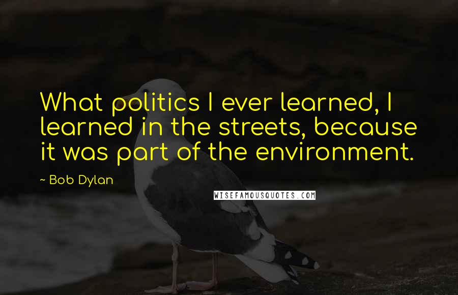 Bob Dylan Quotes: What politics I ever learned, I learned in the streets, because it was part of the environment.