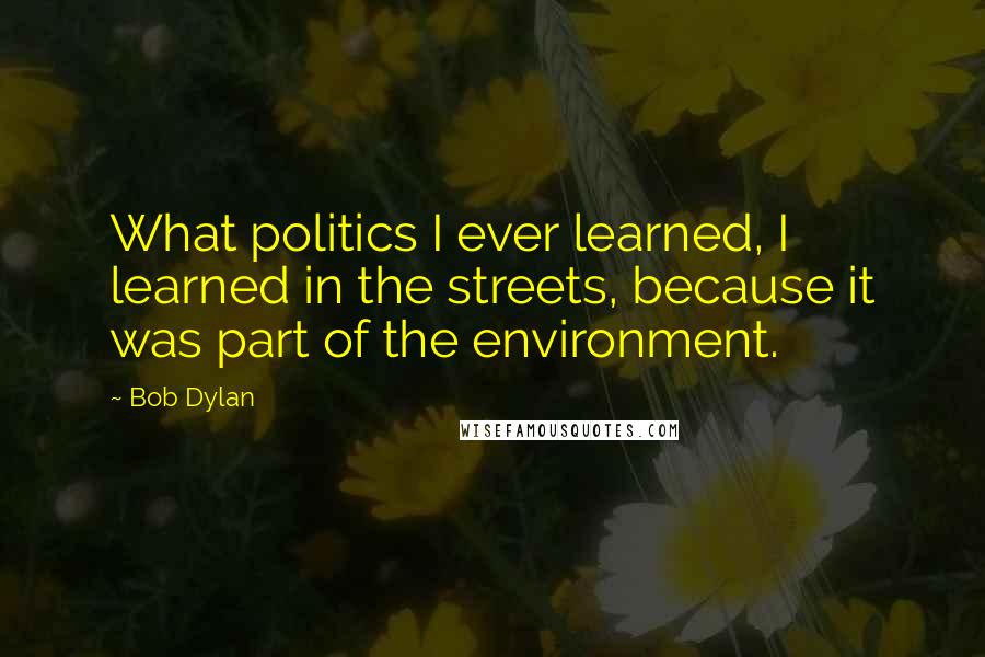 Bob Dylan Quotes: What politics I ever learned, I learned in the streets, because it was part of the environment.