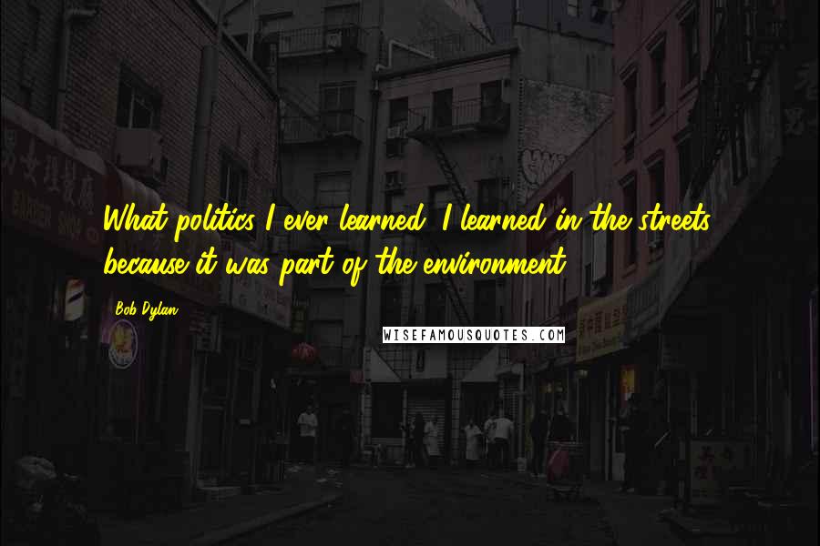 Bob Dylan Quotes: What politics I ever learned, I learned in the streets, because it was part of the environment.