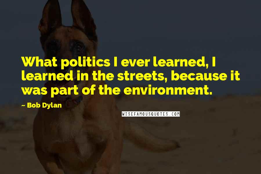 Bob Dylan Quotes: What politics I ever learned, I learned in the streets, because it was part of the environment.