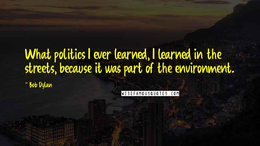 Bob Dylan Quotes: What politics I ever learned, I learned in the streets, because it was part of the environment.