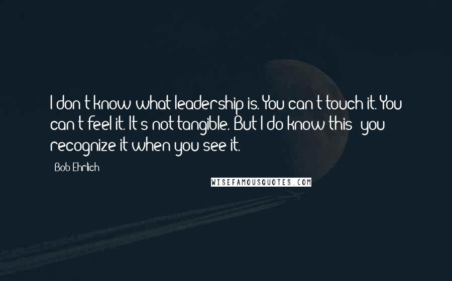 Bob Ehrlich Quotes: I don't know what leadership is. You can't touch it. You can't feel it. It's not tangible. But I do know this: you recognize it when you see it.