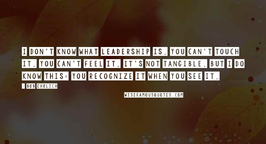 Bob Ehrlich Quotes: I don't know what leadership is. You can't touch it. You can't feel it. It's not tangible. But I do know this: you recognize it when you see it.