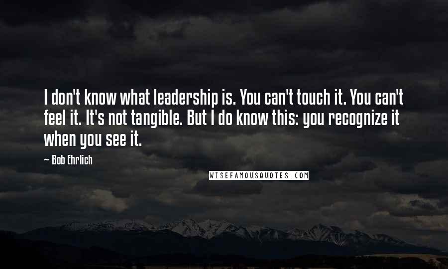 Bob Ehrlich Quotes: I don't know what leadership is. You can't touch it. You can't feel it. It's not tangible. But I do know this: you recognize it when you see it.
