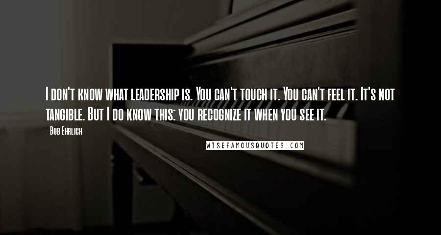 Bob Ehrlich Quotes: I don't know what leadership is. You can't touch it. You can't feel it. It's not tangible. But I do know this: you recognize it when you see it.