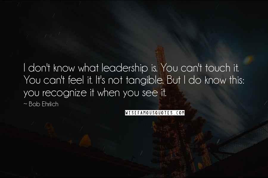 Bob Ehrlich Quotes: I don't know what leadership is. You can't touch it. You can't feel it. It's not tangible. But I do know this: you recognize it when you see it.
