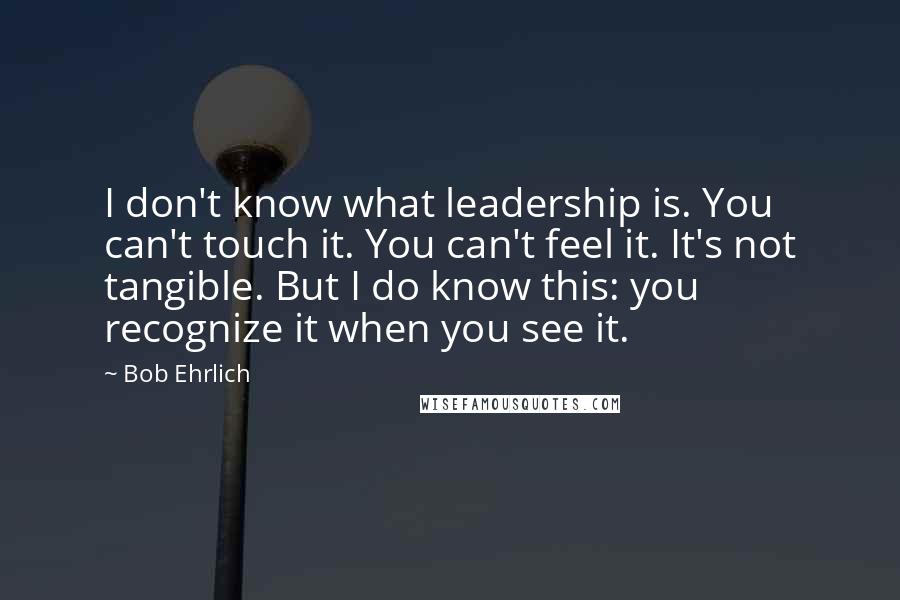 Bob Ehrlich Quotes: I don't know what leadership is. You can't touch it. You can't feel it. It's not tangible. But I do know this: you recognize it when you see it.