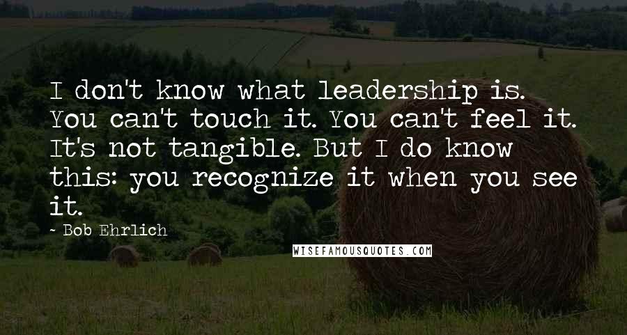 Bob Ehrlich Quotes: I don't know what leadership is. You can't touch it. You can't feel it. It's not tangible. But I do know this: you recognize it when you see it.