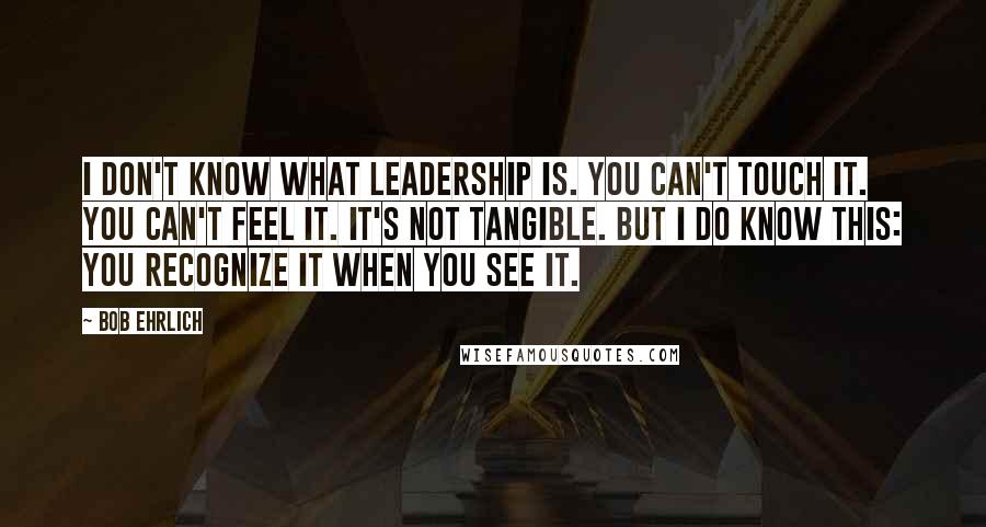 Bob Ehrlich Quotes: I don't know what leadership is. You can't touch it. You can't feel it. It's not tangible. But I do know this: you recognize it when you see it.