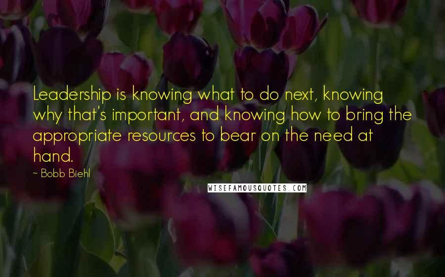 Bobb Biehl Quotes: Leadership is knowing what to do next, knowing why that's important, and knowing how to bring the appropriate resources to bear on the need at hand.