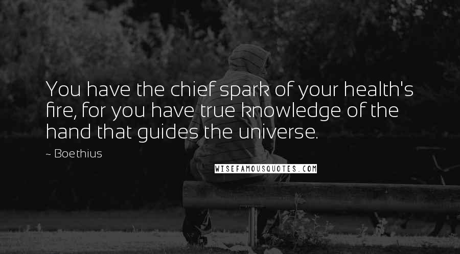 Boethius Quotes: You have the chief spark of your health's fire, for you have true knowledge of the hand that guides the universe.