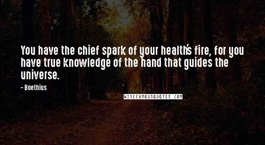 Boethius Quotes: You have the chief spark of your health's fire, for you have true knowledge of the hand that guides the universe.