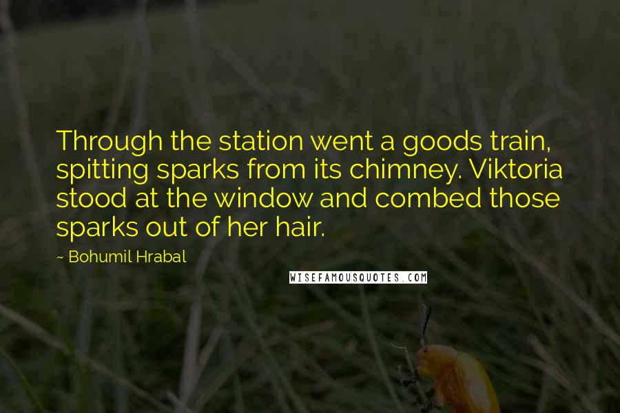 Bohumil Hrabal Quotes: Through the station went a goods train, spitting sparks from its chimney. Viktoria stood at the window and combed those sparks out of her hair.