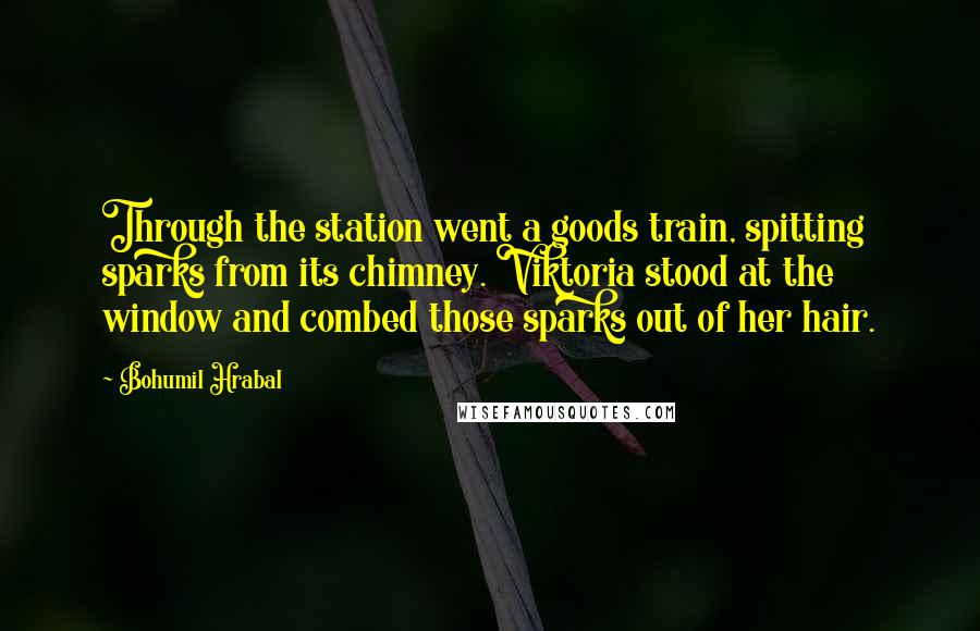 Bohumil Hrabal Quotes: Through the station went a goods train, spitting sparks from its chimney. Viktoria stood at the window and combed those sparks out of her hair.
