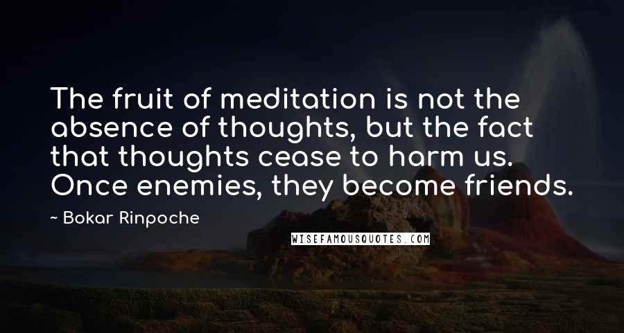 Bokar Rinpoche Quotes: The fruit of meditation is not the absence of thoughts, but the fact that thoughts cease to harm us. Once enemies, they become friends.