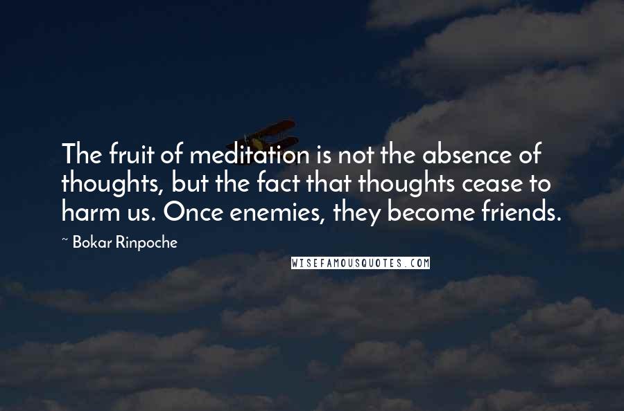 Bokar Rinpoche Quotes: The fruit of meditation is not the absence of thoughts, but the fact that thoughts cease to harm us. Once enemies, they become friends.