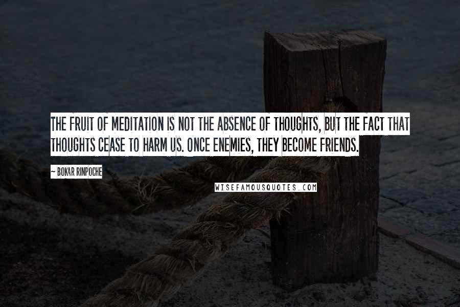 Bokar Rinpoche Quotes: The fruit of meditation is not the absence of thoughts, but the fact that thoughts cease to harm us. Once enemies, they become friends.