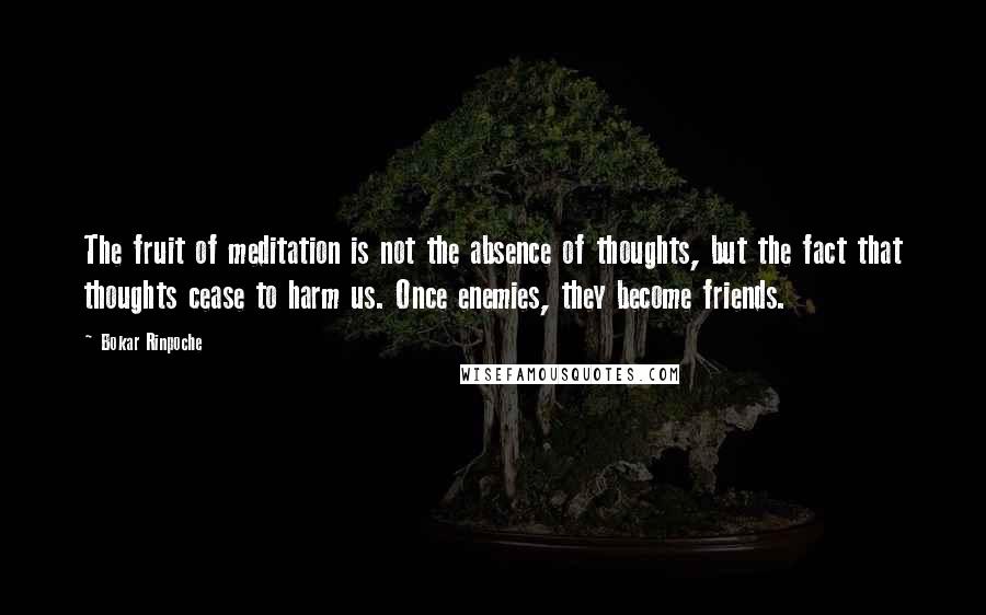 Bokar Rinpoche Quotes: The fruit of meditation is not the absence of thoughts, but the fact that thoughts cease to harm us. Once enemies, they become friends.